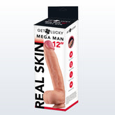 The product box for the "Mega Man 12" Silicone Realistic Dildo from Get Lucky displays an image of an authentic-looking finger, highlighting attributes like dual-layered silicone for a soft and lifelike sensation. The sleek packaging features red and black accents set against a white background, effectively capturing the essence of a realistic dildo.